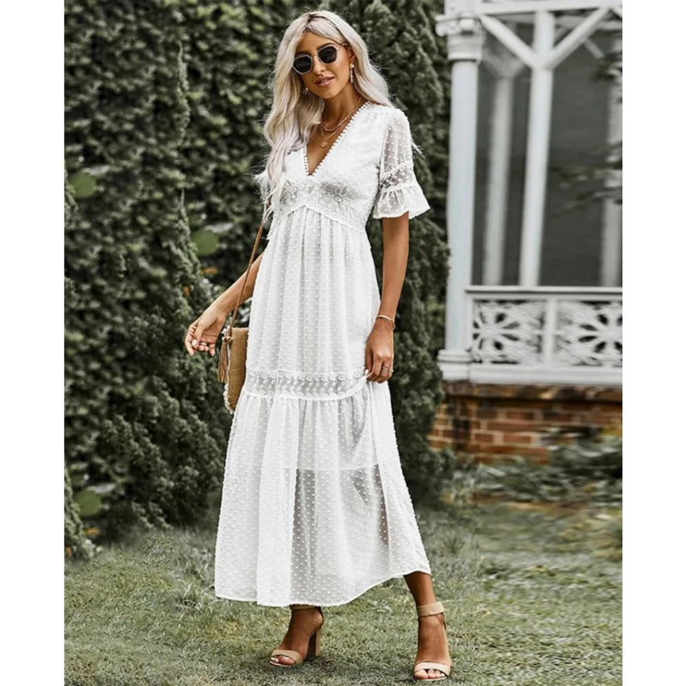LAST ONE! Plus Size White Lace And Swiss Dot V-Neck Maxi Dress - Picture 2 of 4